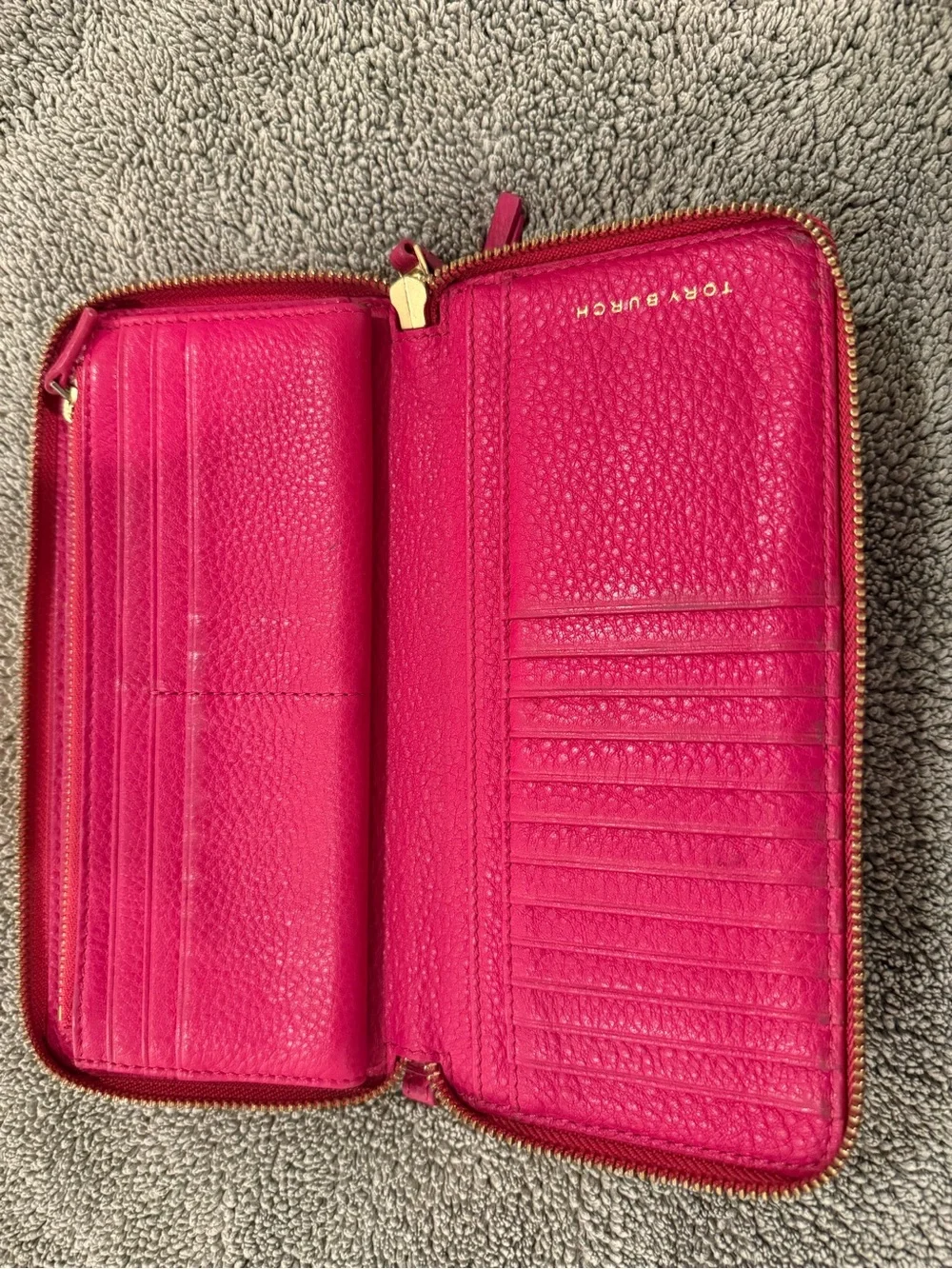 Tory Burch Hot Pink Pebbled Leather Zip-Around Wallet with Gold Logo